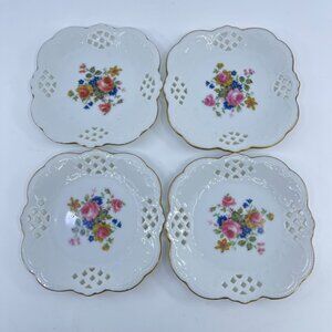 vintage reticulated porcelain nut bonbon plates with floral design gold rim (4)